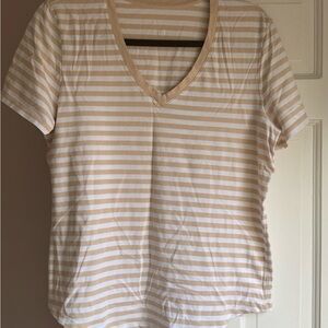 lululemon athletica Beige and White Striped V-Neck Tee gentle used